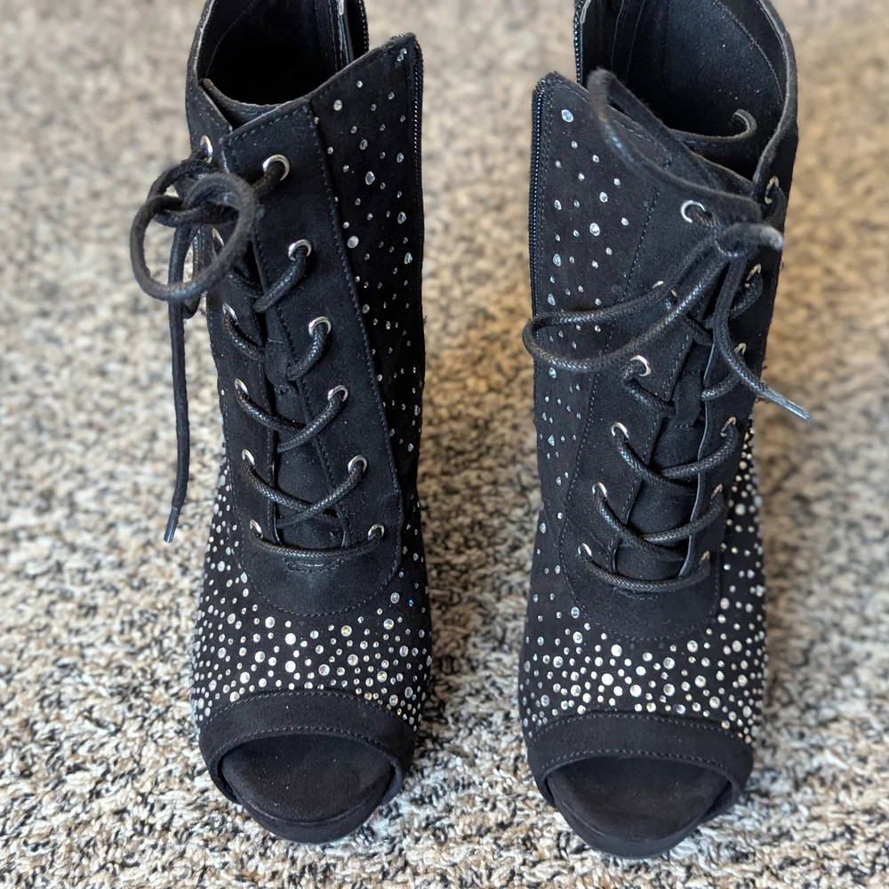 torrid Black Rhinestone Lace-Up Peep-Toe Stiletto Booties - Picture 4 of 6